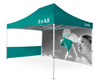 3 x 4.5 meter custom green gazebo with full branded sidewalls, providing durable shelter and high visibility