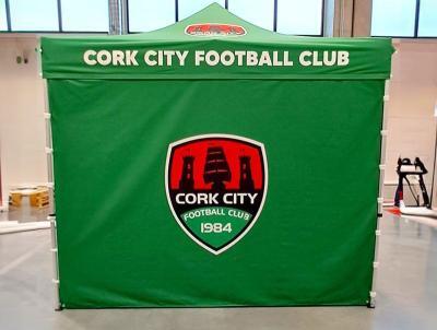 Cork City Football Club branded gazebo in green and black, supporting club events and fan engagement in Cork