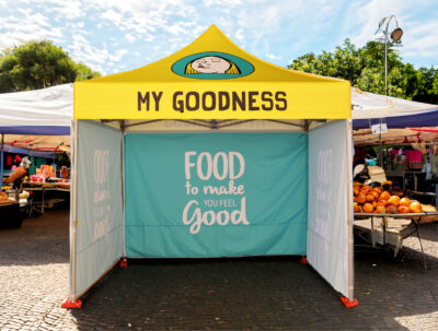 Yellow branded gazebo for My Goodness food festival, delivering durable shelter and strong brand exposure