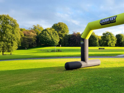 Branded inflatable start finish arch at Irish triathlon road race event